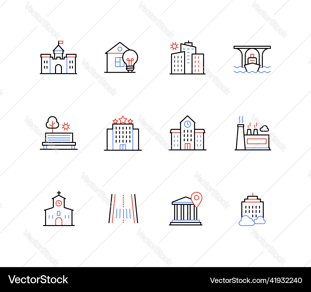 City objects and architecture - line design style vector image