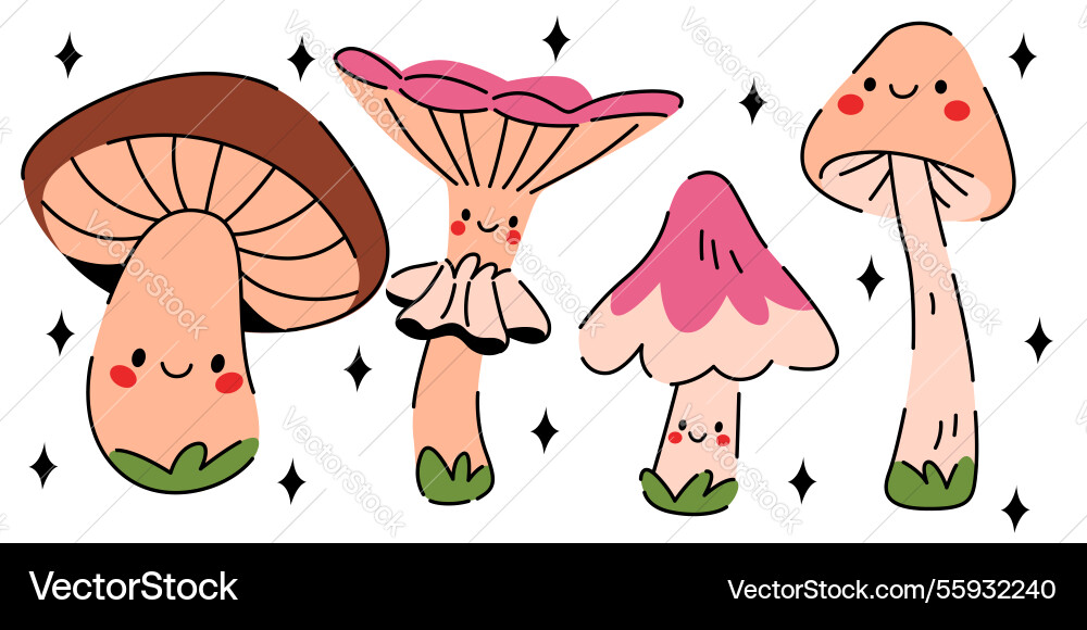 Cute kawaii mushrooms set isolated on white Cute kawaii mushrooms set isolated on white vector image