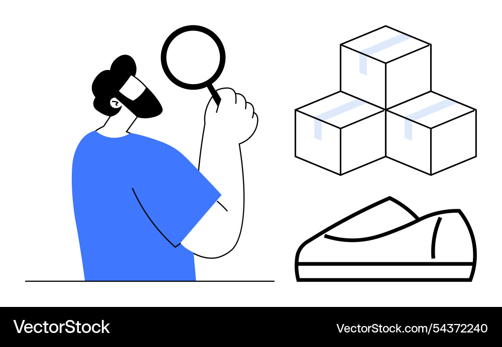 Man examining packages and shoe with magnifying Man examining packages and shoe with magnifying vector image