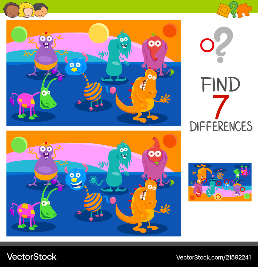 Differences game with monster characters Differences game with monster characters vector image