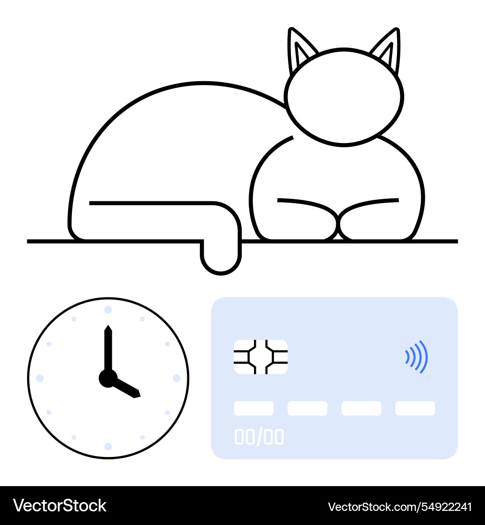 Minimalist cat outline with clock and contactless Vector Image