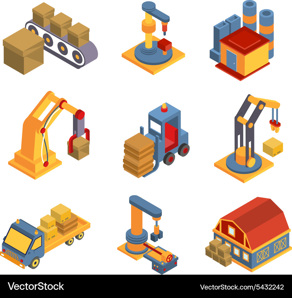 Isometric factory flowchart with robotic machinery Vector Image