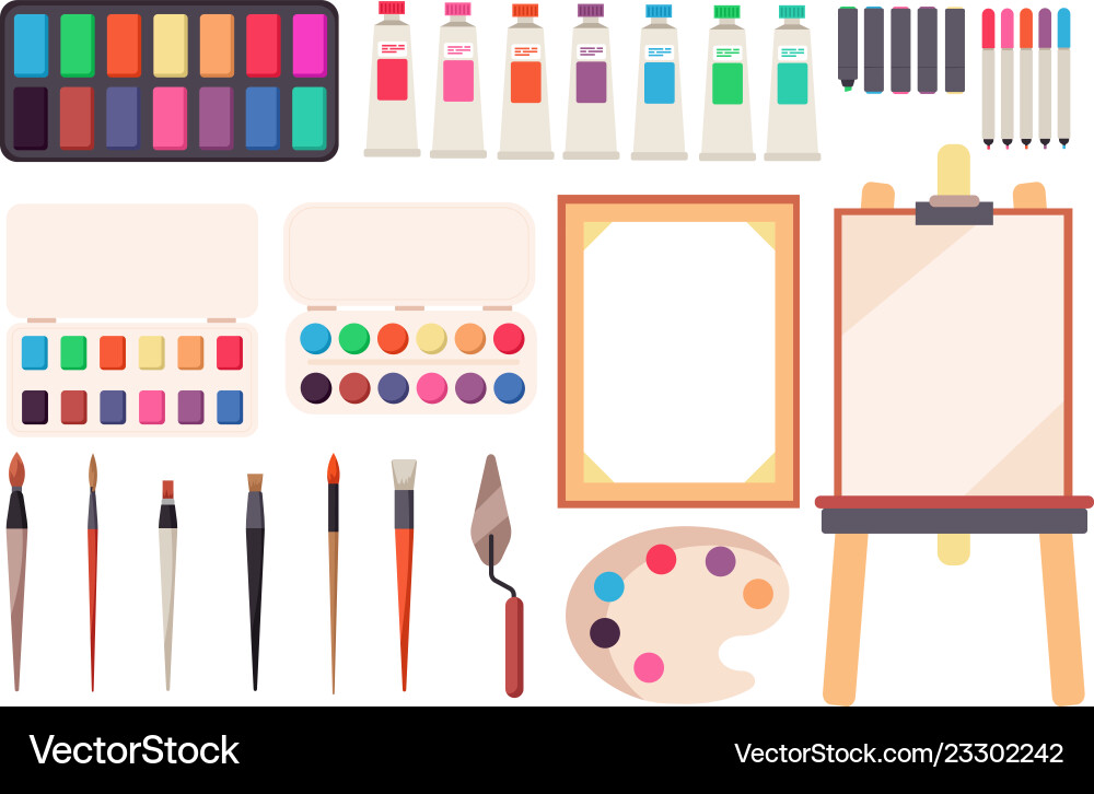 Painting tools cartoon paintbrush and canvas Painting tools cartoon paintbrush and canvas vector image