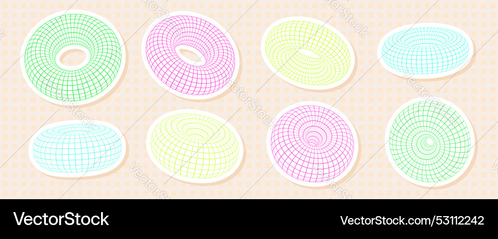 Vivid 3d torus shapes with wireframe patterns Vivid 3d torus shapes with wireframe patterns vector image