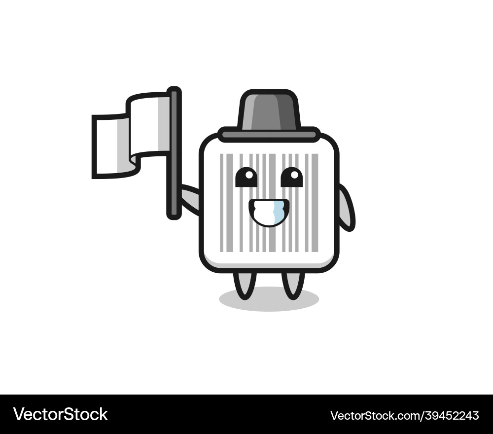 Cartoon Charakter des Barcodes der eine Flagge hält Vektorbild