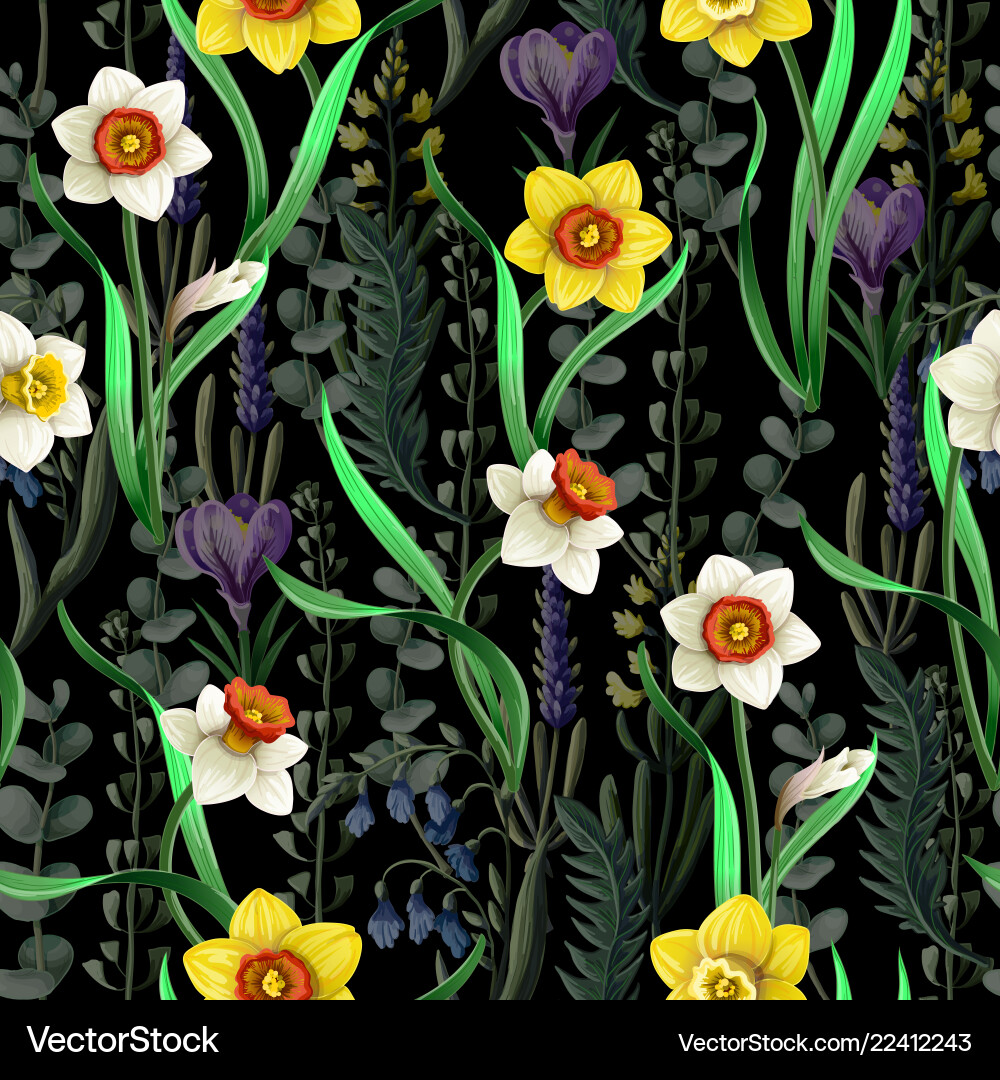 Seamless pattern with daffodils and wild flowers Seamless pattern with daffodils and wild flowers vector image