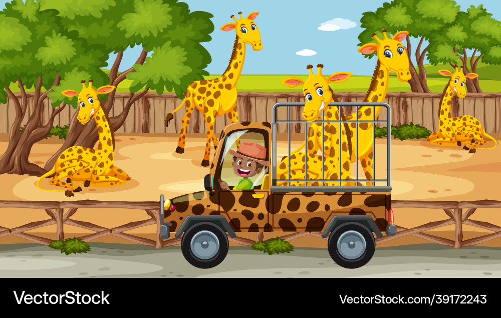 Zoo scene with happy giraffe in the cage car Zoo scene with happy giraffe in the cage car vector image
