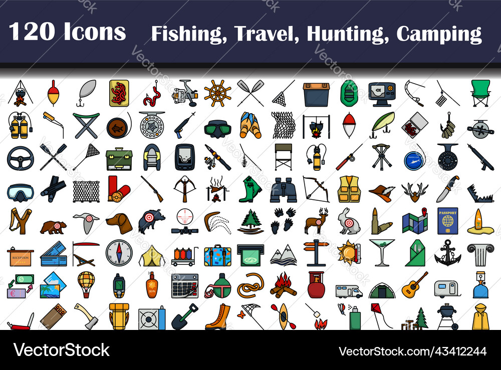 120 Ikonen der Angeln Reise Jagd Camping 120 Ikonen der Angeln Reise Jagd Camping vektorbild