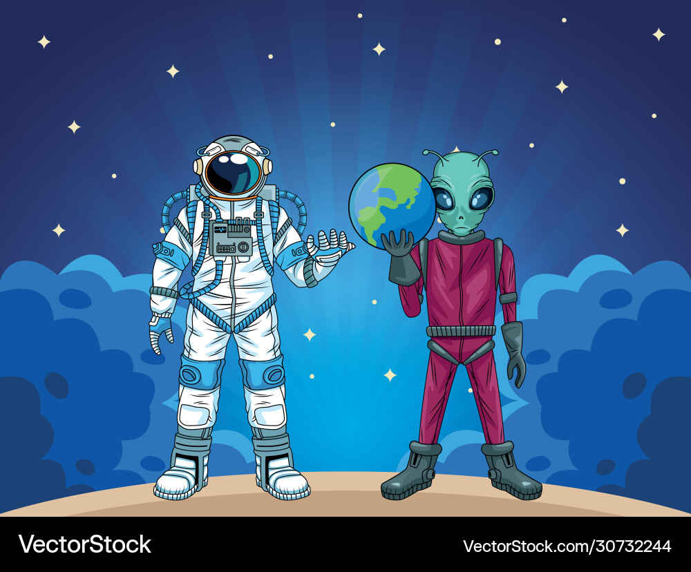 Astronaut and alien in space characters Astronaut and alien in space characters vector image