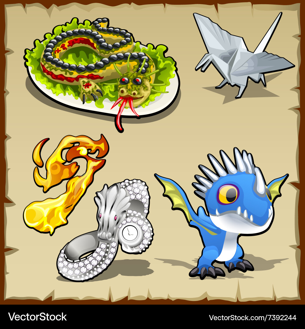 Dragon set different objects with image vector image