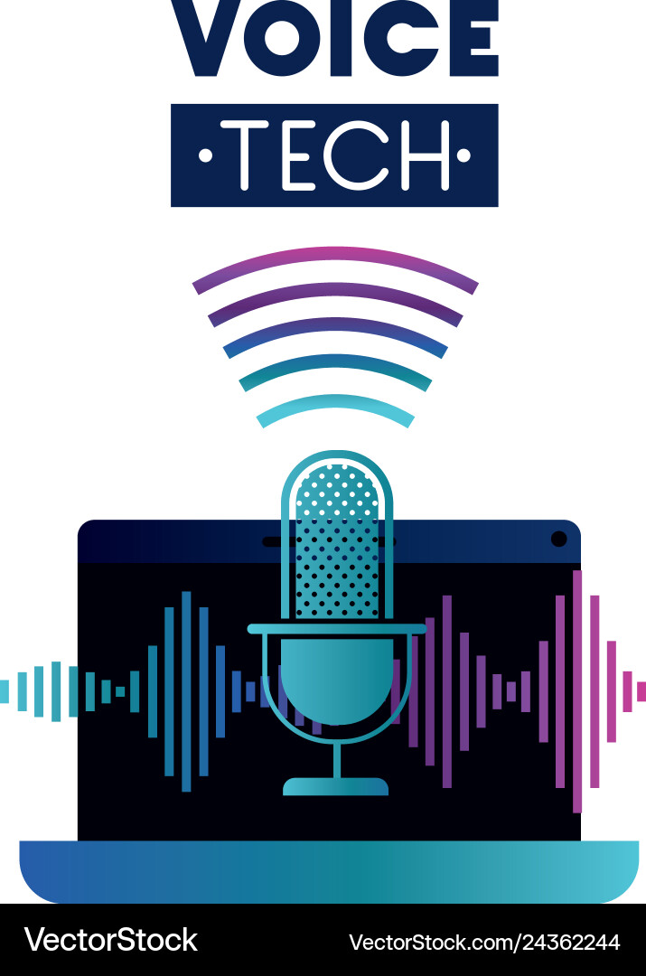 Voice tech label with laptop and assistant Vector Image