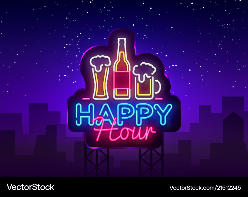 Neon Happy Hour Zeichen Vektorbild