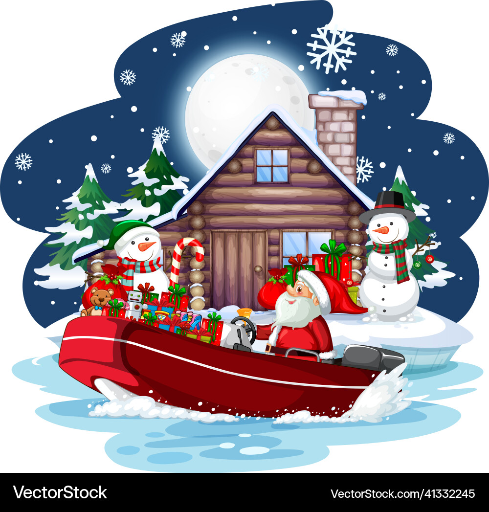 Santa claus on a speedboat at snowy night Santa claus on a speedboat at snowy night Vector Image