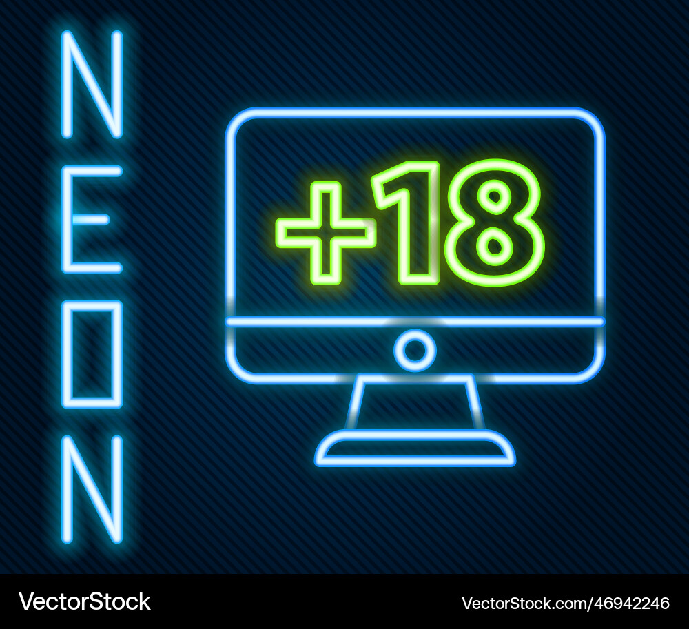 Glowing neon line computer monitor with 18 plus Glowing neon line computer monitor with 18 plus vector image
