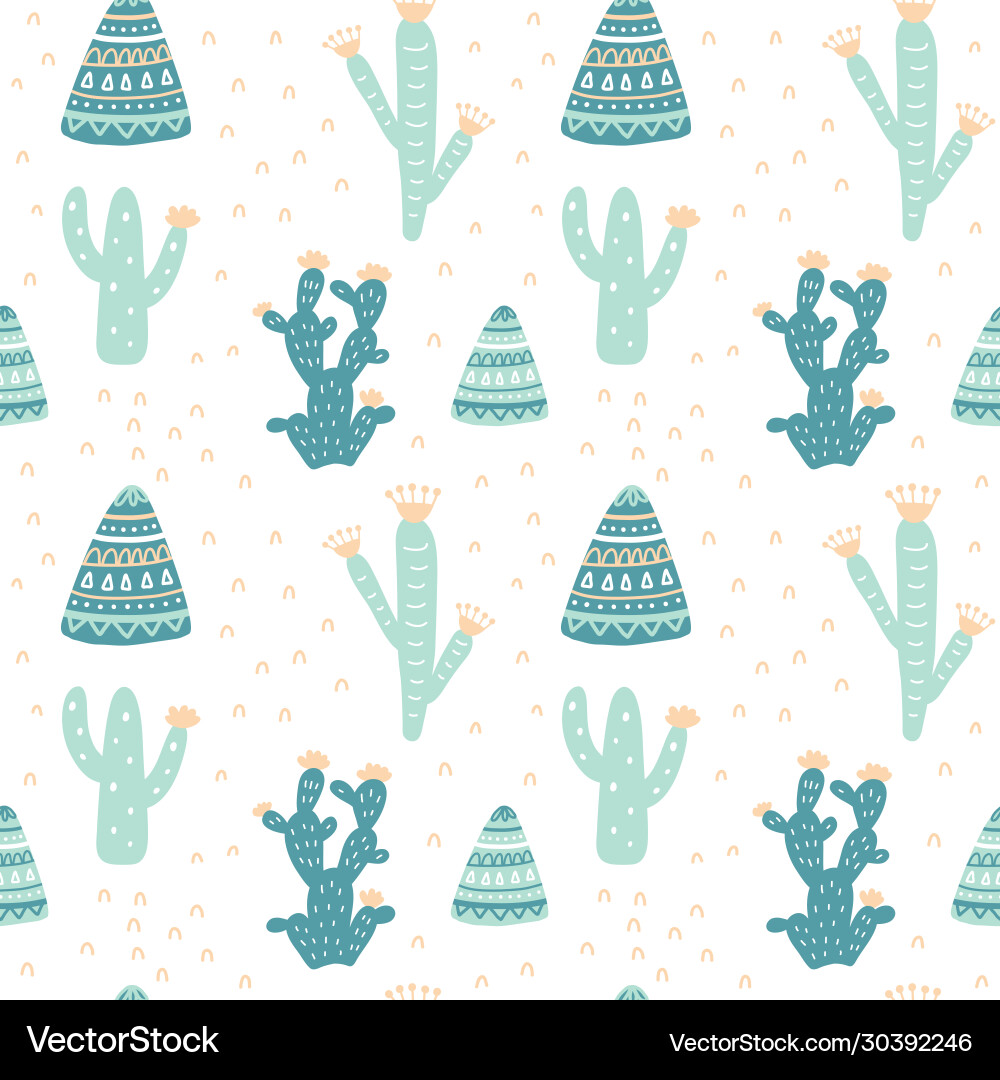 Hand drawn cacti seamless repeat pattern Hand drawn cacti seamless repeat pattern vector image