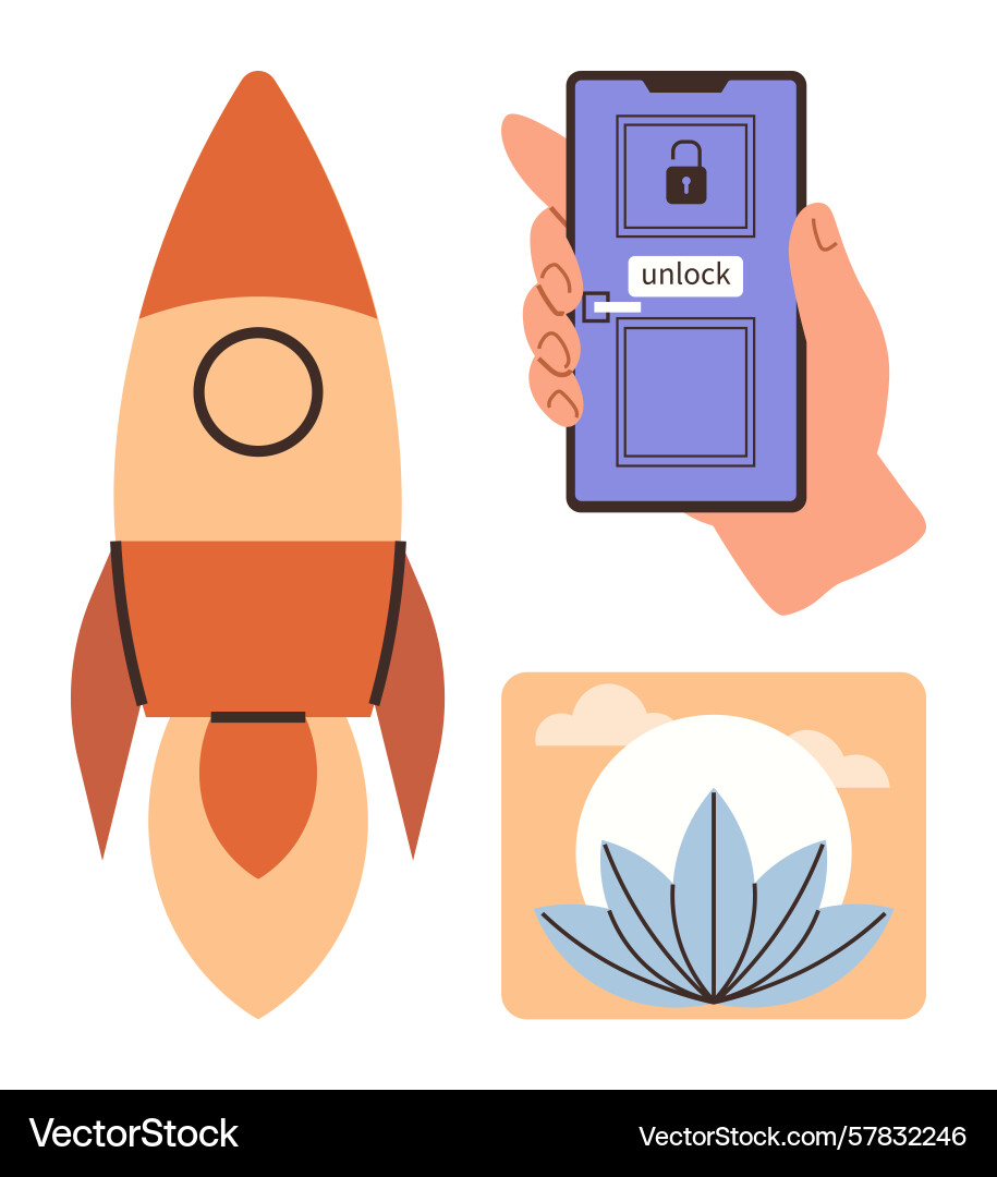 Rocket launch smartphone screen with unlock Rocket launch smartphone screen with unlock Vector Image
