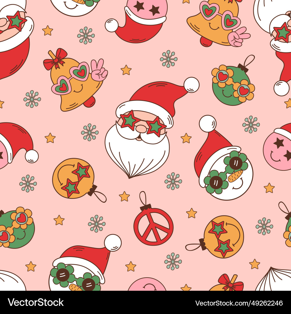 Seamless pattern with groovy retro santa face sno Seamless pattern with groovy retro santa face sno Vector Image