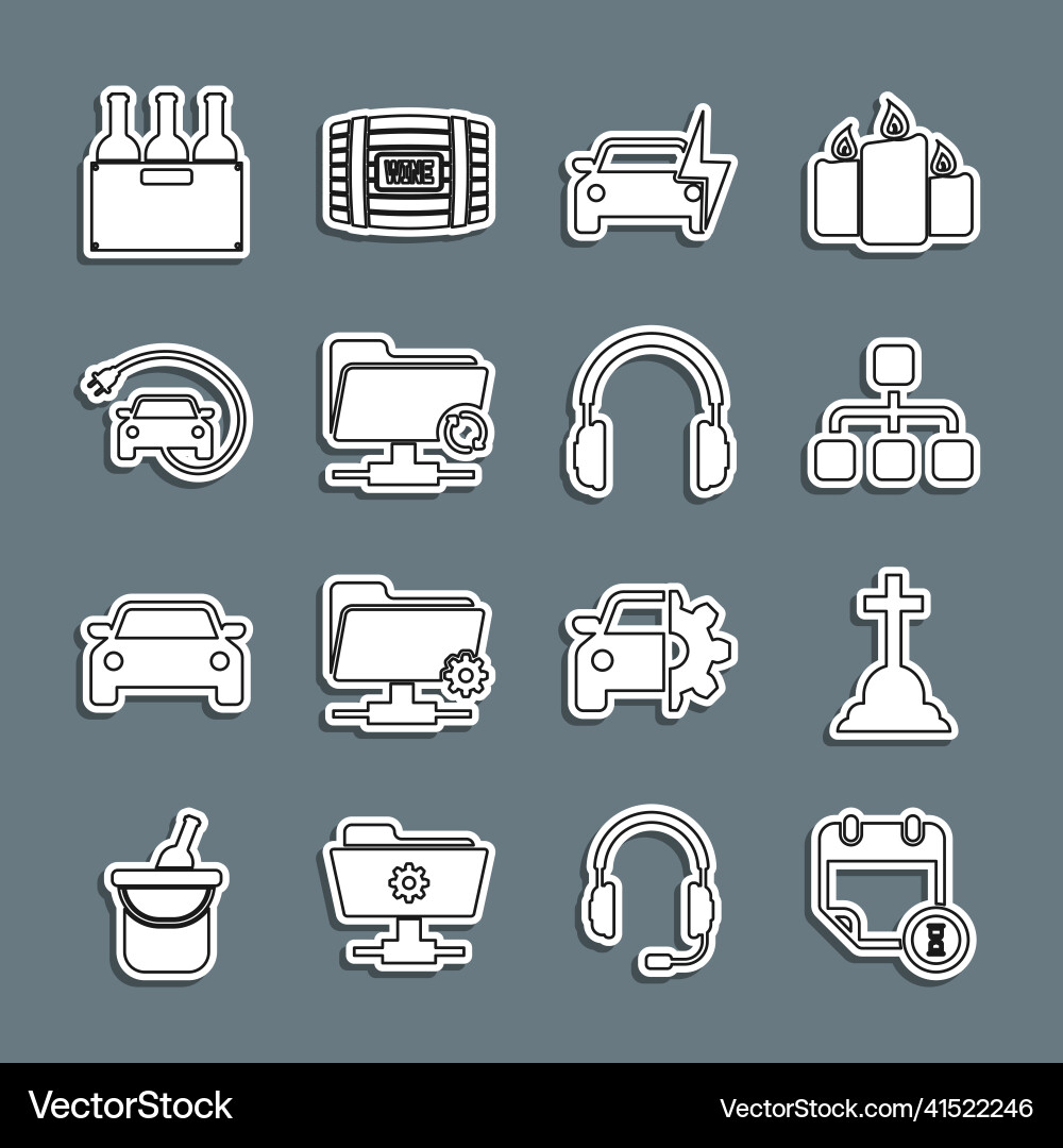 Set line calendar and clock tombstone with cross Set line calendar and clock tombstone with cross vector image