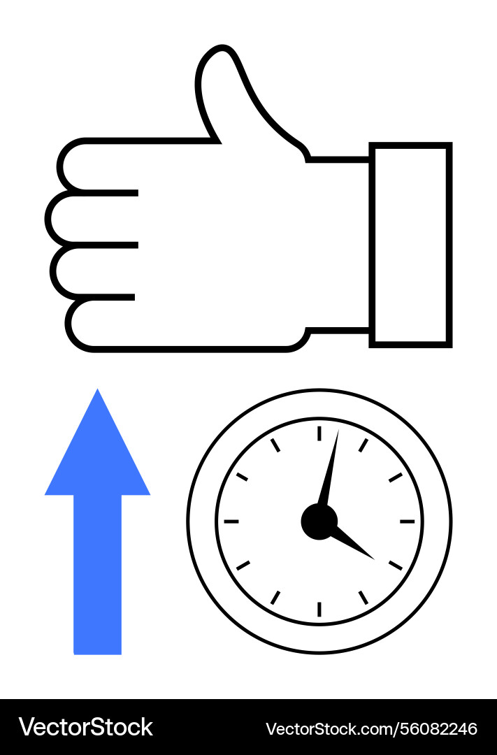 Thumbs-up gesture with clock and upward arrow Thumbs-up gesture with clock and upward arrow Vector Image