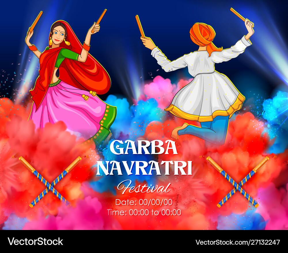 Couple playing dandiya in disco garba night banner Couple playing dandiya in disco garba night banner Vector Image