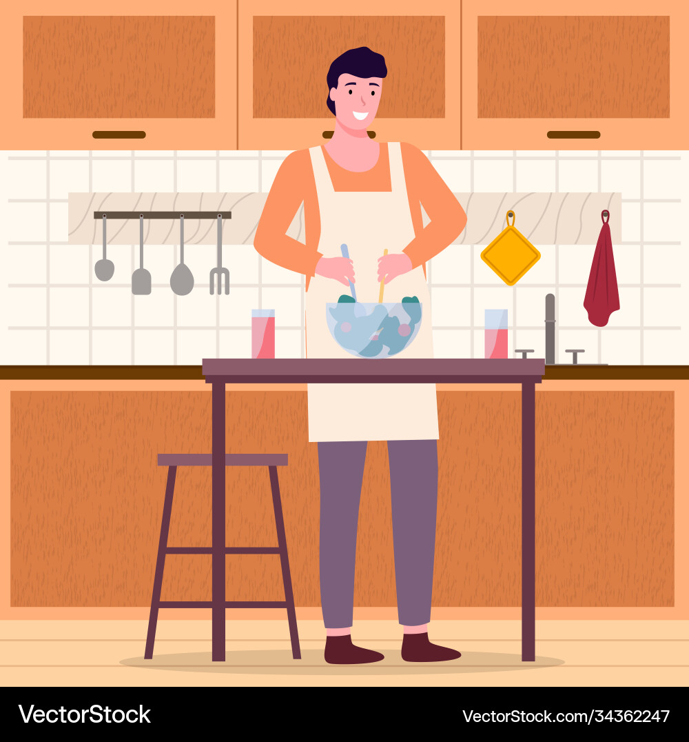 Junge Mann kochen Salat in Küchenhaushalt Junge Mann kochen Salat in Küchenhaushalt vektorbild