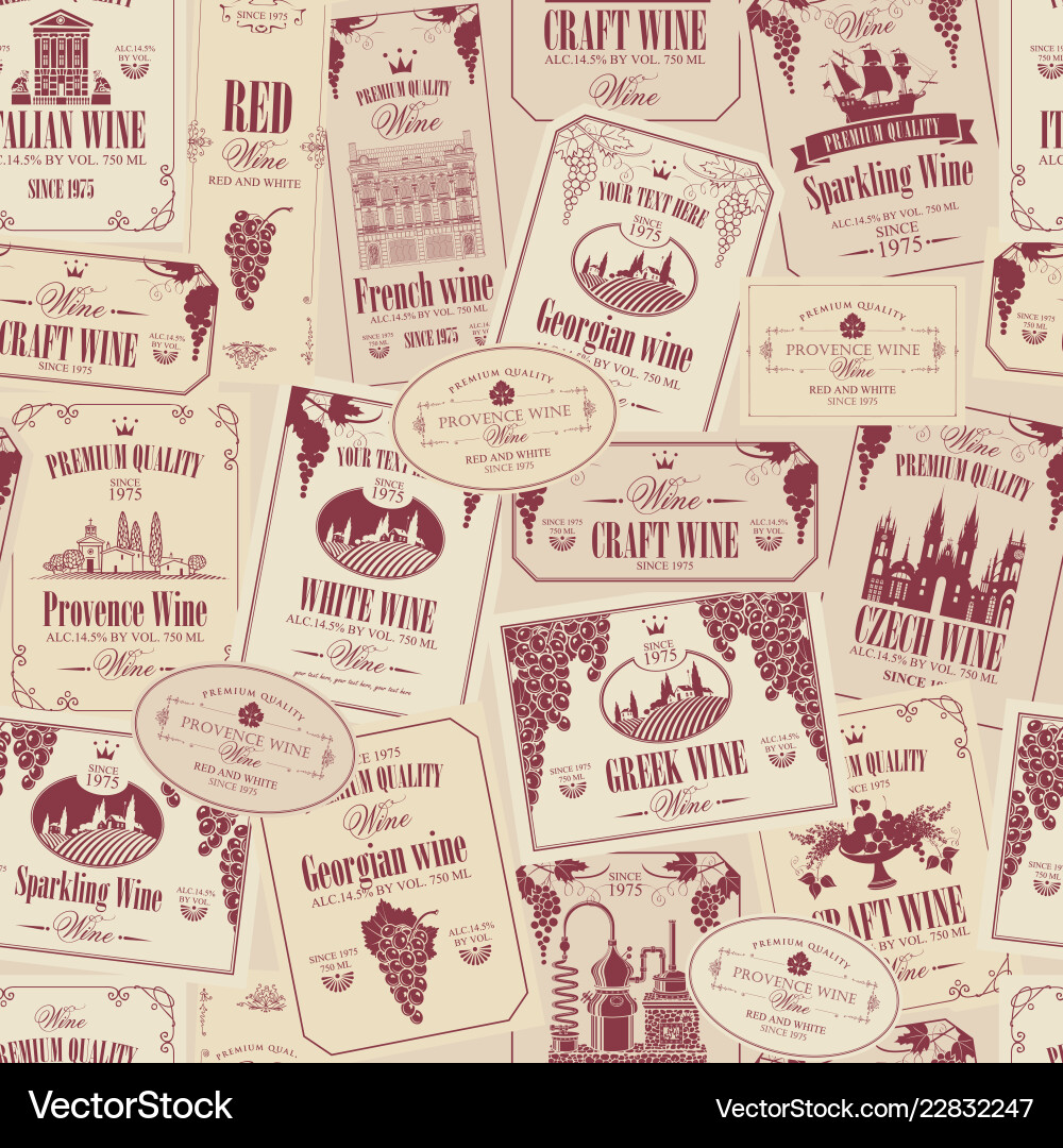 Seamless pattern with various wine labels vector image