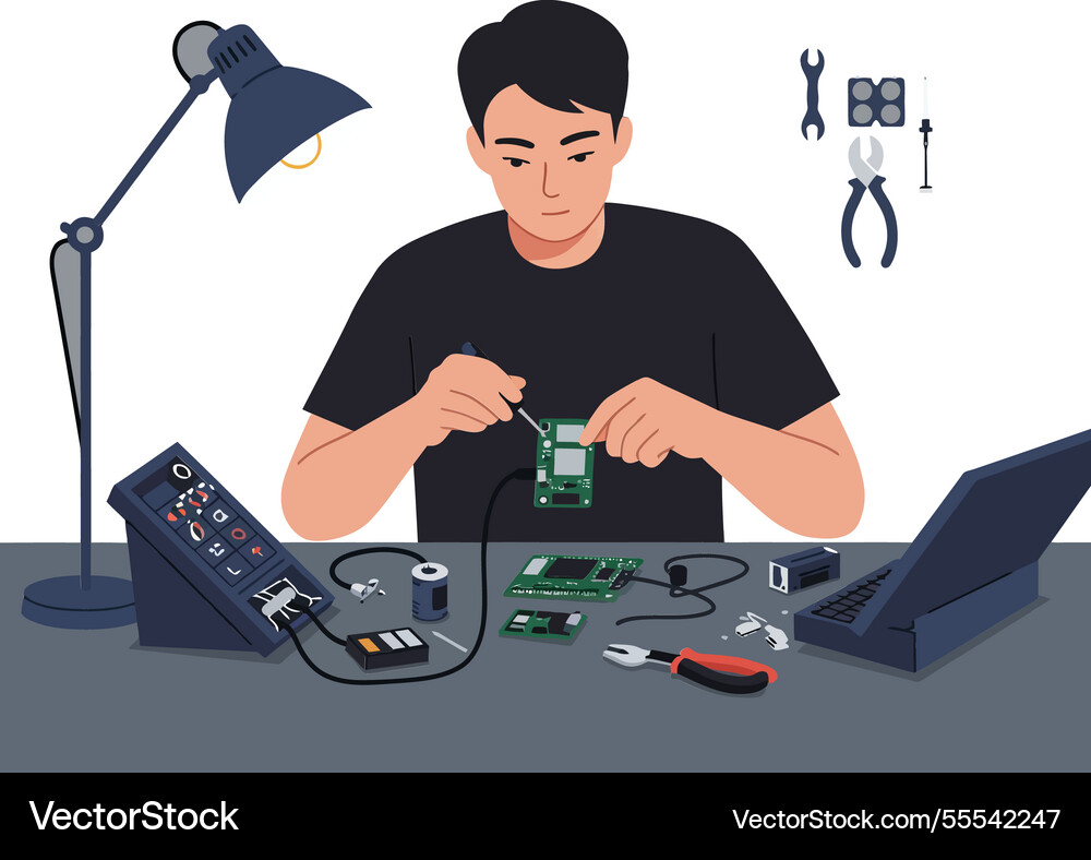 Technician assembling circuit boards in a minimal Technician assembling circuit boards in a minimal vector image