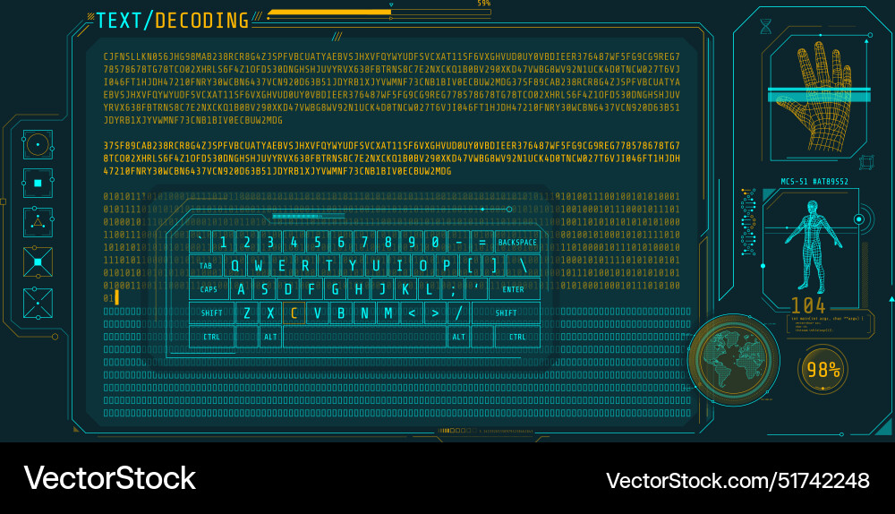 Data entry and text decoding on futuristic vector image