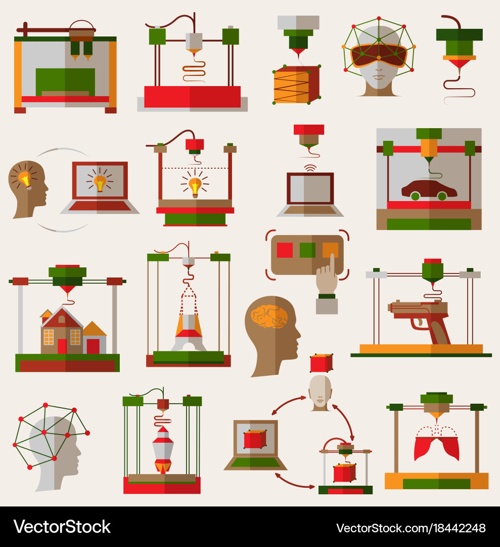 Flat icons set of 3d printing modeling vector image