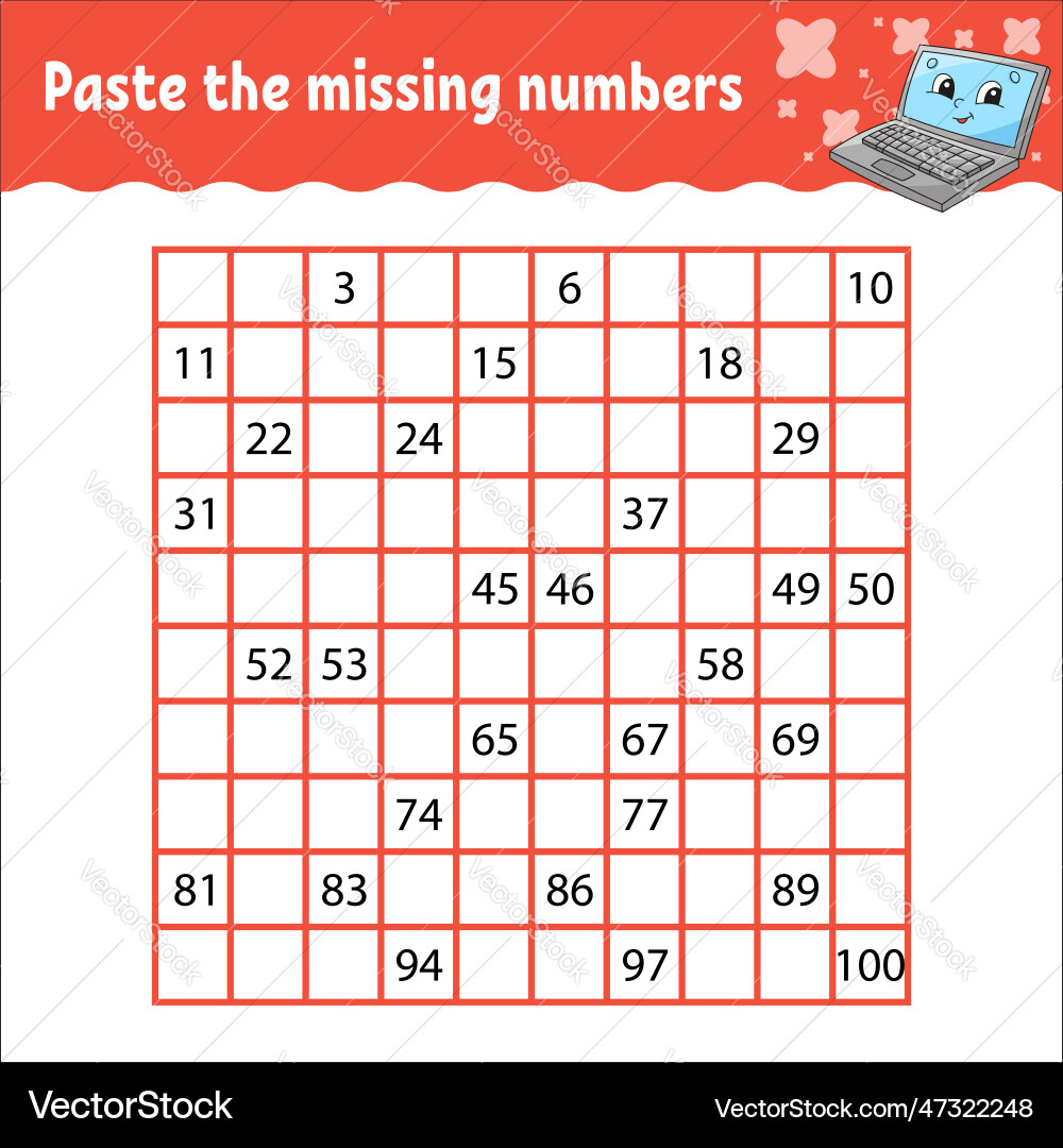 Paste the missing numbers from 1 to 100 Paste the missing numbers from 1 to 100 Vector Image