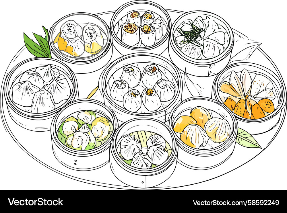 Assorted Dim Sum Feast Sketch Vector Image