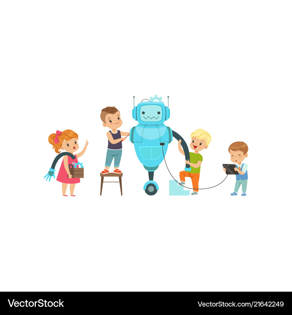 Little kids programming and creating smart robot Little kids programming and creating smart robot vector image