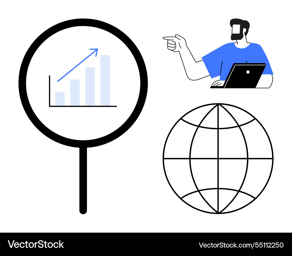 Analyzing global data trends with rising graph Analyzing global data trends with rising graph vector image