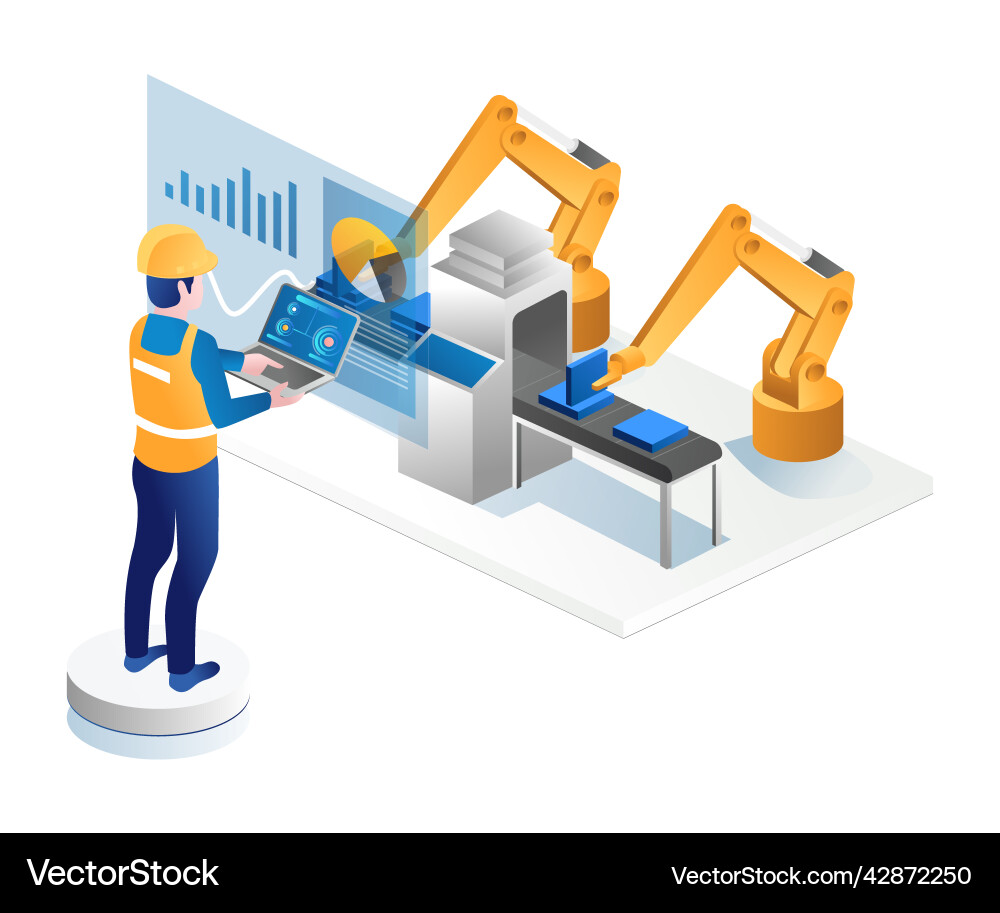 Man controlling factory robot with laptop Man controlling factory robot with laptop vector image