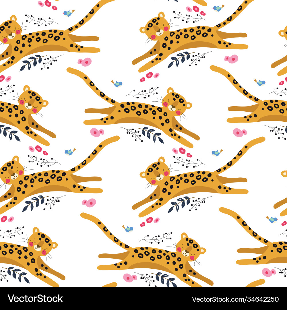 Seamless pattern with funny leopard and bir Seamless pattern with funny leopard and bir Vector Image