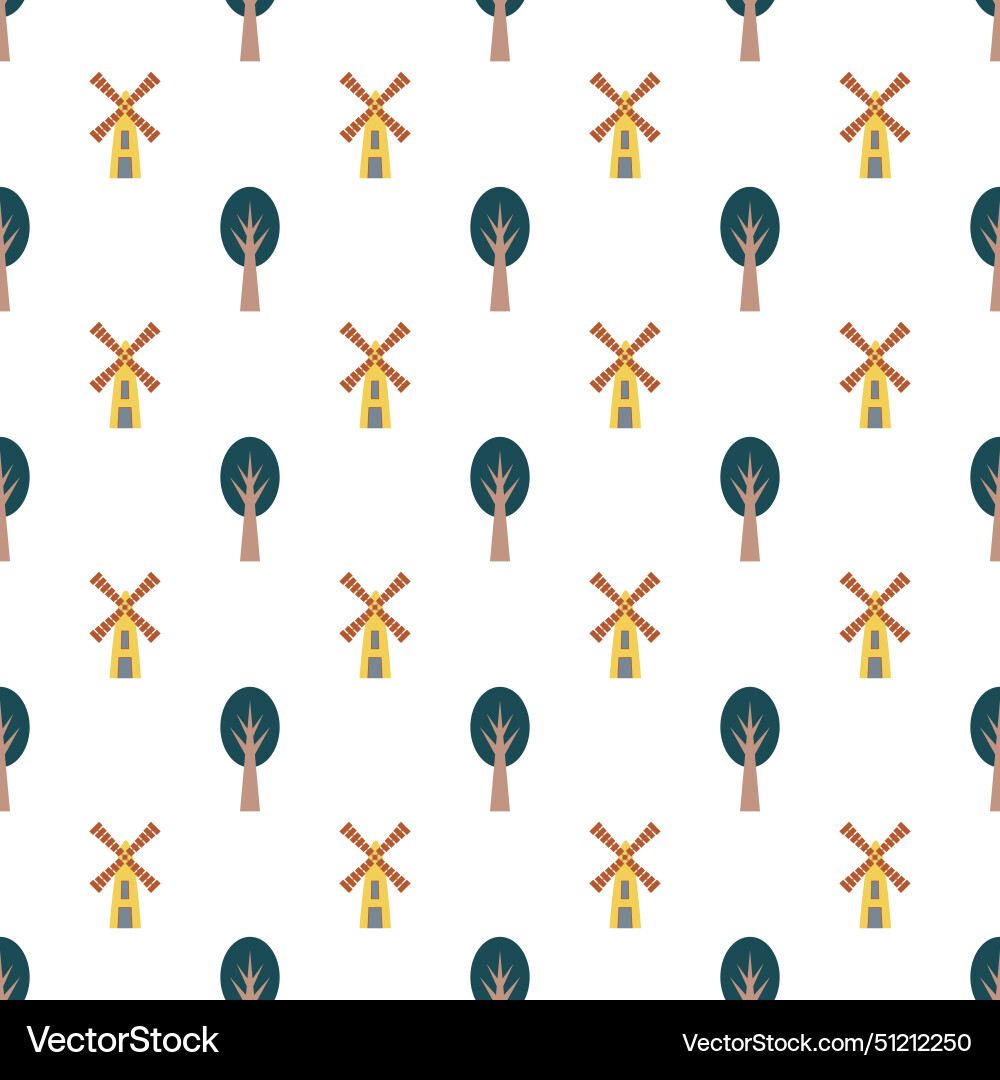 Windmill and tree seamless pattern vector image
