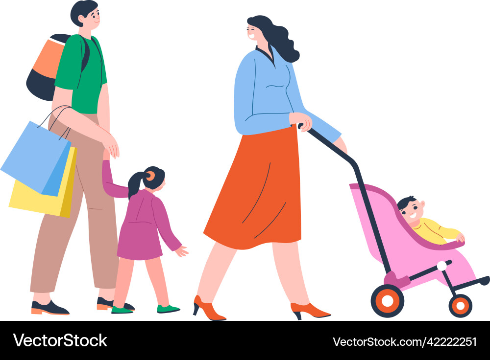 Family shopping couple with children walking Family shopping couple with children walking vector image