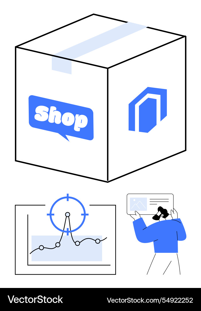 E-commerce package with analytics chart and user E-commerce package with analytics chart and user vector image