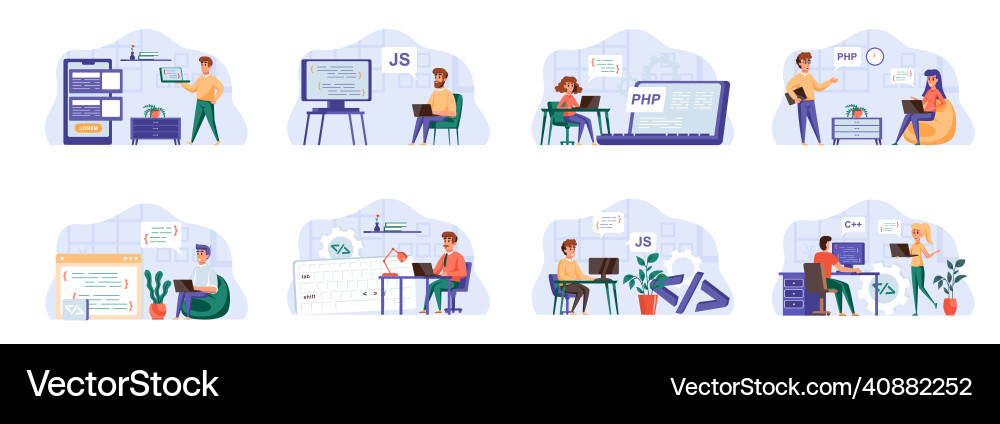 Programming scenes bundle with people characters Programming scenes bundle with people characters vector image