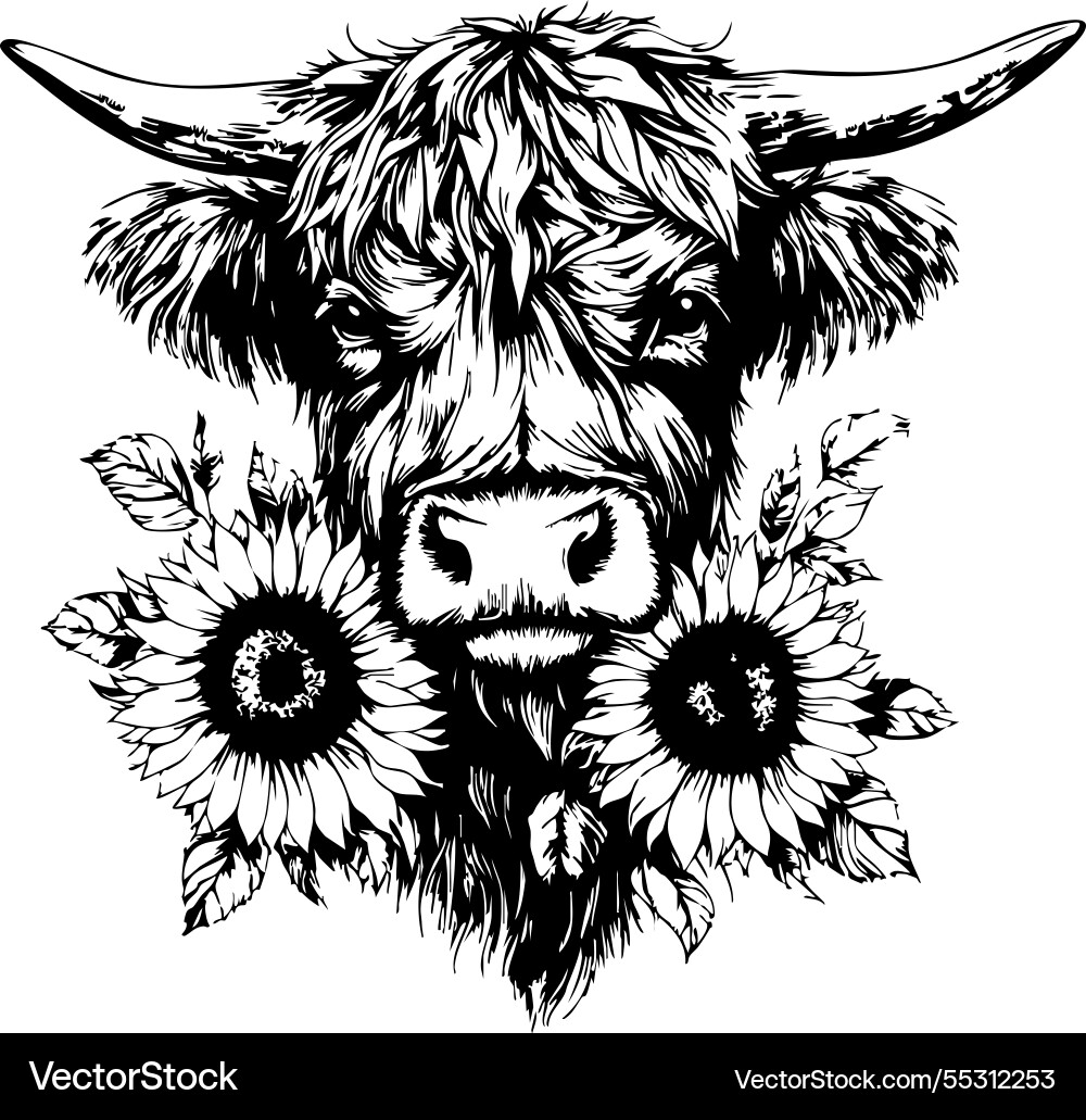 Monochrome highland cow portrait with sunflowers Monochrome highland cow portrait with sunflowers Vector Image