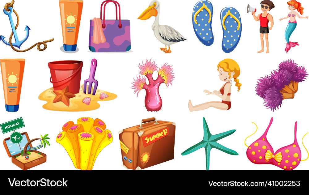 Set of summer beach objects and cartoon characters Vector Image