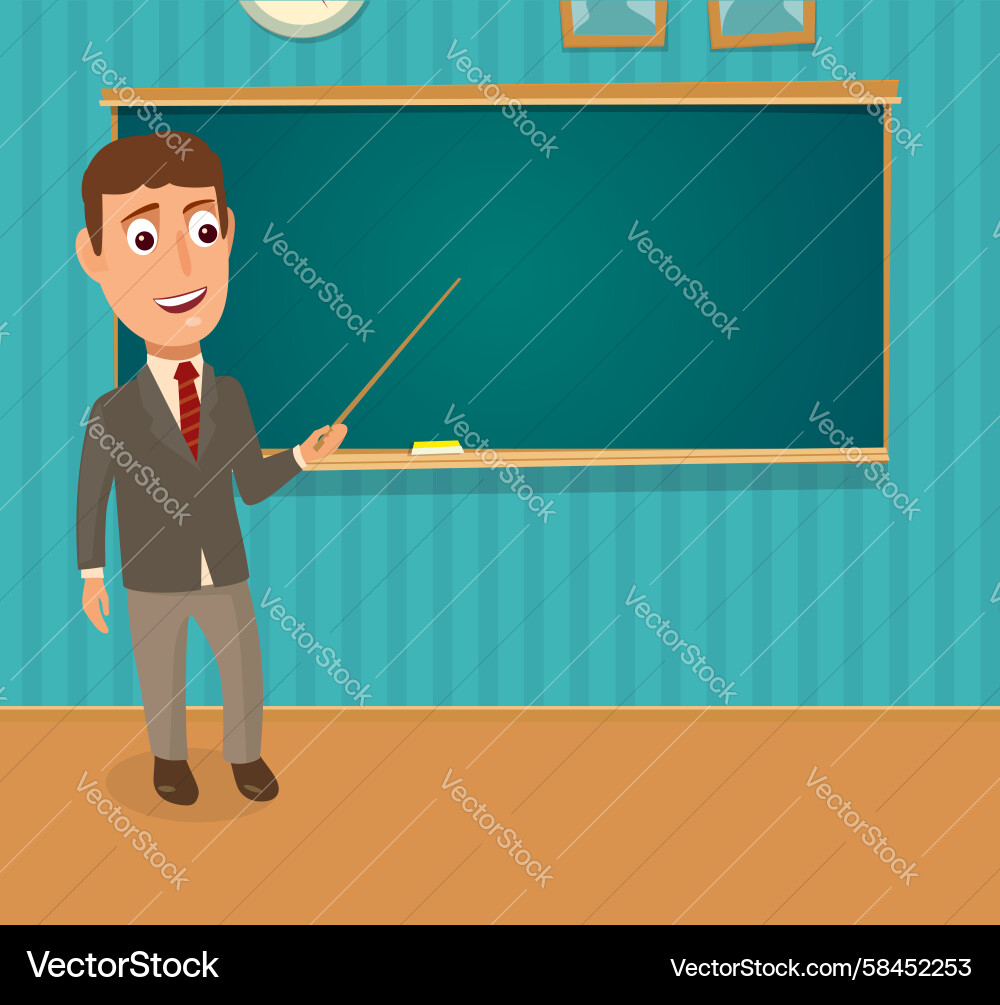 Teacher with Pointer at Classroom Board Vector Image