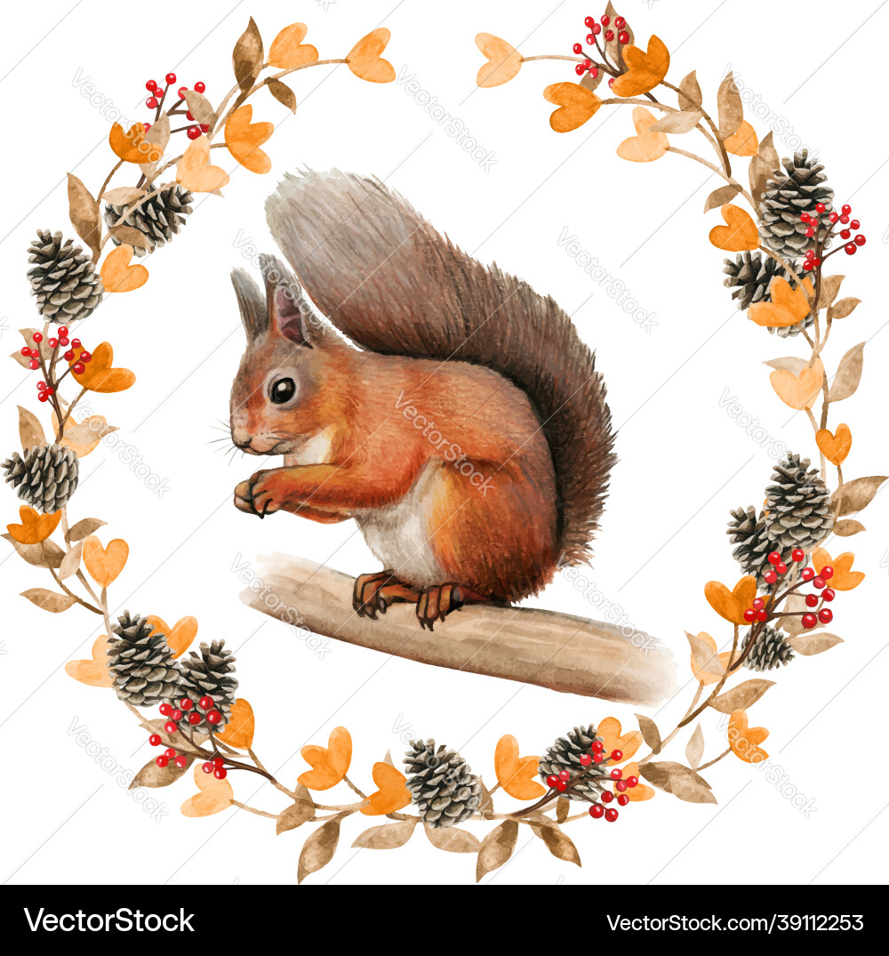 Watercolor realistic red squirrel in a fall wreath vector image