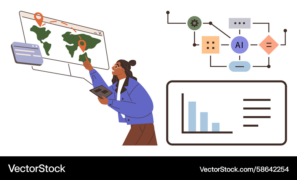 Analyst using ai tools to explore global maps Analyst using ai tools to explore global maps Vector Image