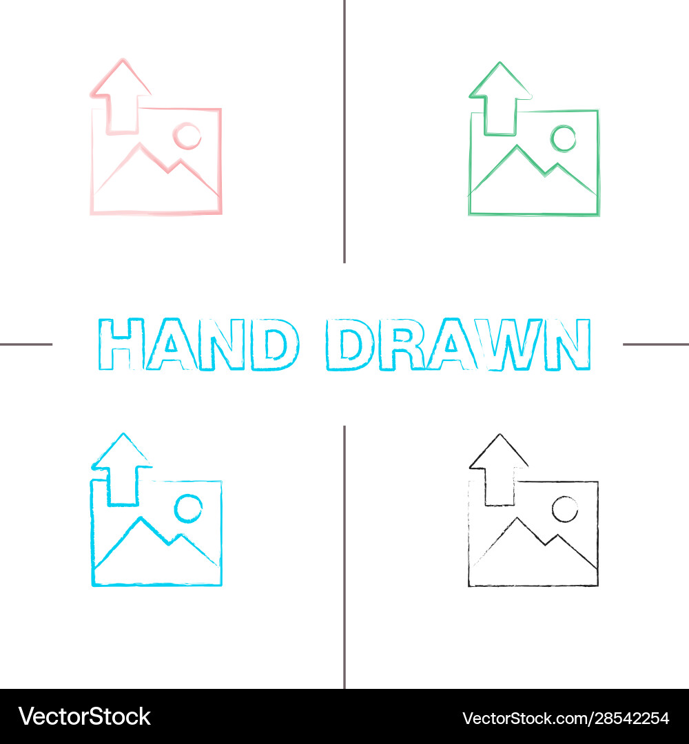 Digital image uploading hand drawn icons set Digital image uploading hand drawn icons set vector image