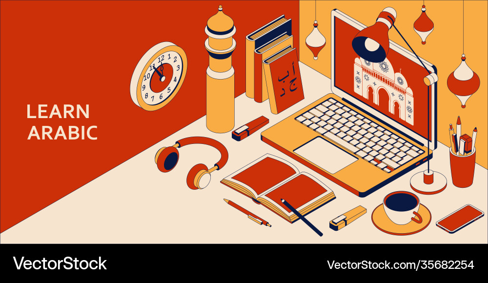 Learn arabic language isometric concept with open vector image