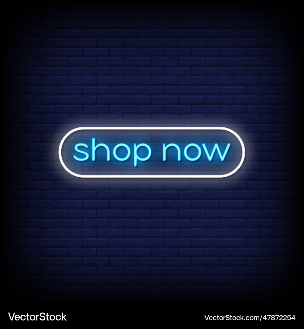 Neon sign shop now with brick wall background vect Neon sign shop now with brick wall background vect vector image