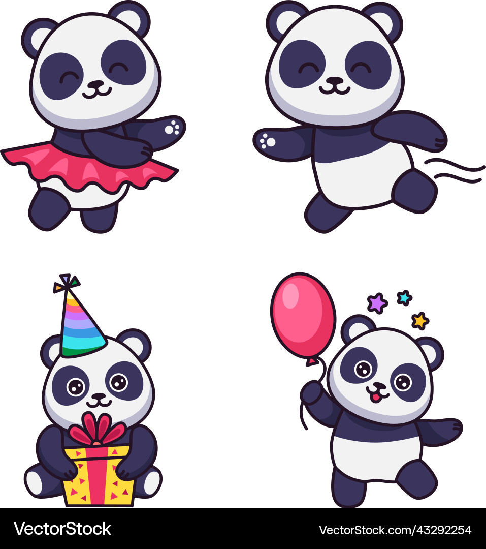 Set of cute hand-drawn pandas dancing running vector image
