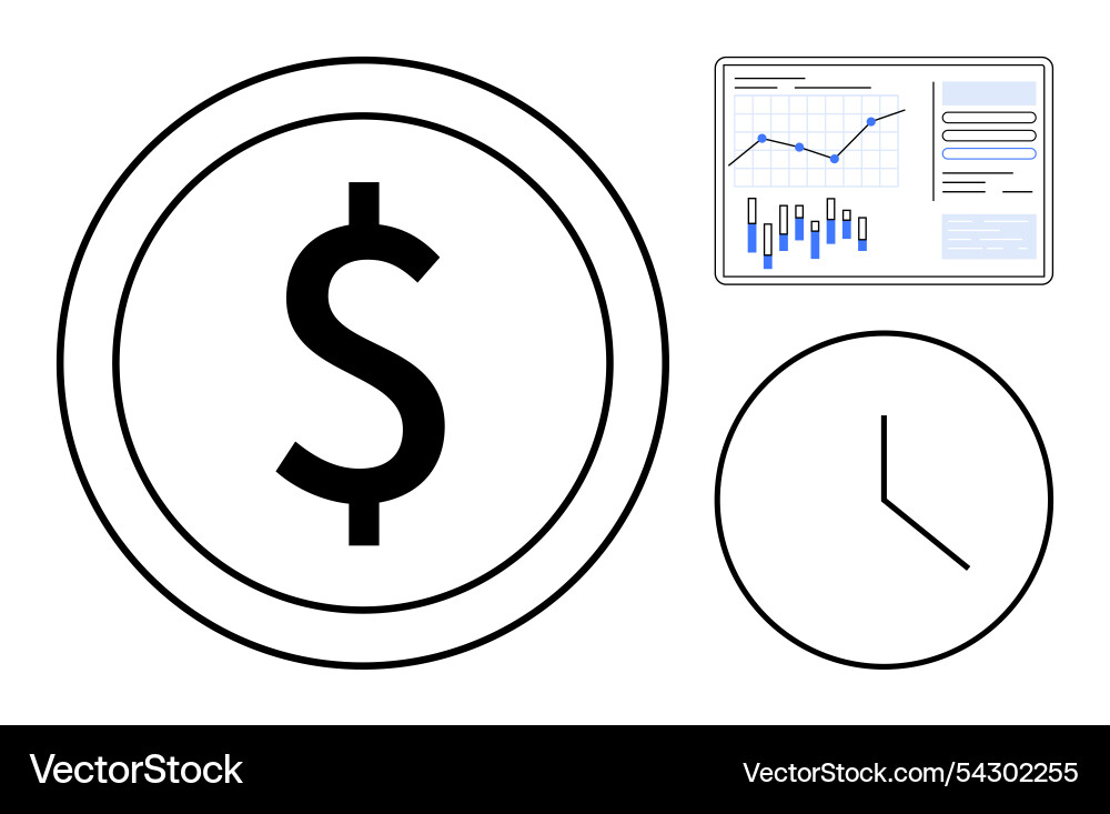 Dollar sign clock and data chart conveying time Dollar sign clock and data chart conveying time vector image
