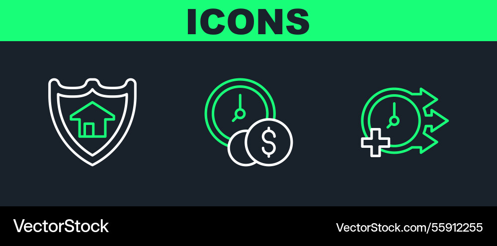 Set line clock house with shield and time Set line clock house with shield and time vector image